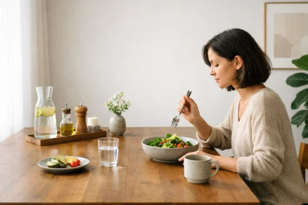 Osoba jede polako za stolom u mirnom okruženju, ilustracija svjesnog jedenja i prirodnog prepoznavanja sitosti