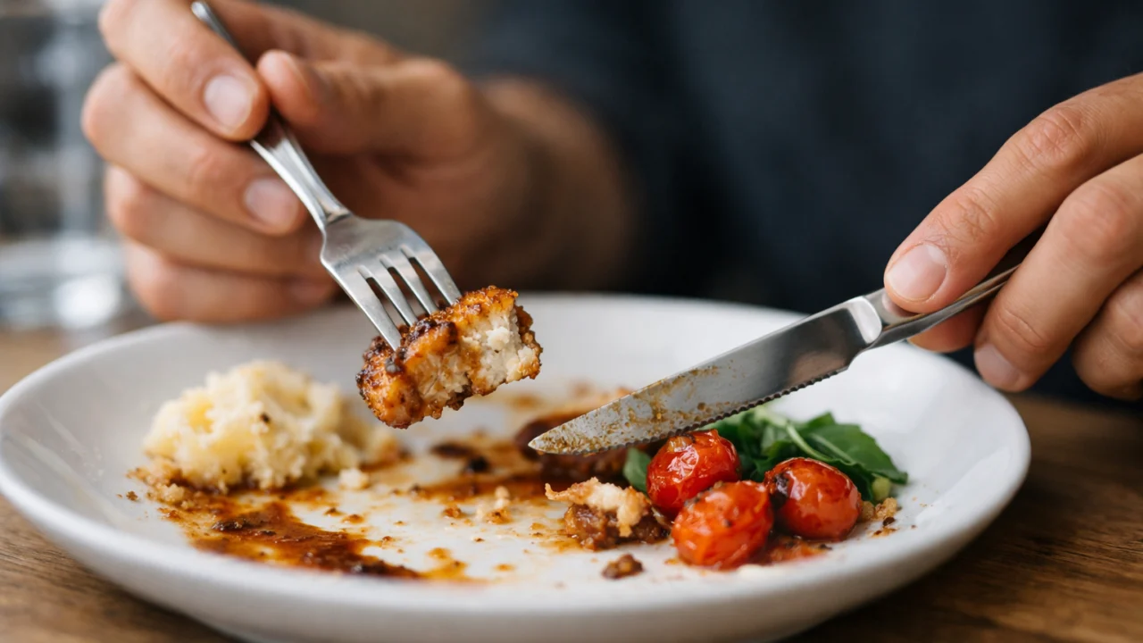 Detalj sporog jedenja s pauzama između zalogaja kao ključ za bolju kontrolu sitosti