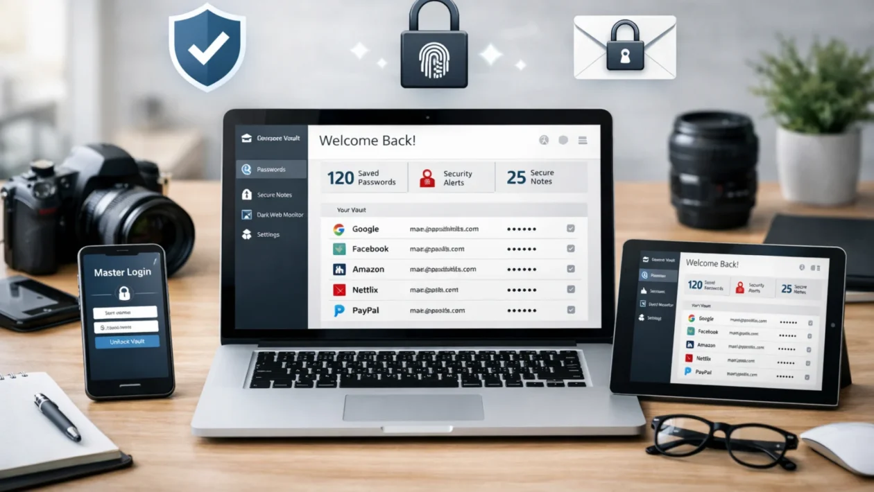 Moderan radni prostor s laptopom i pametnim telefonom koji prikazuju password manager kao rješenje za sigurnu pohranu lozinki