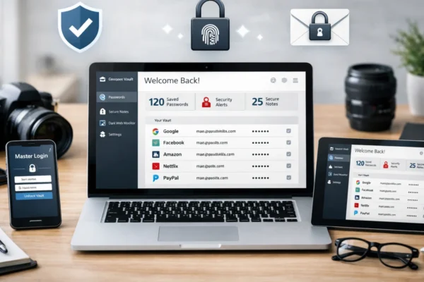 Moderan radni prostor s laptopom i pametnim telefonom koji prikazuju password manager kao rješenje za sigurnu pohranu lozinki