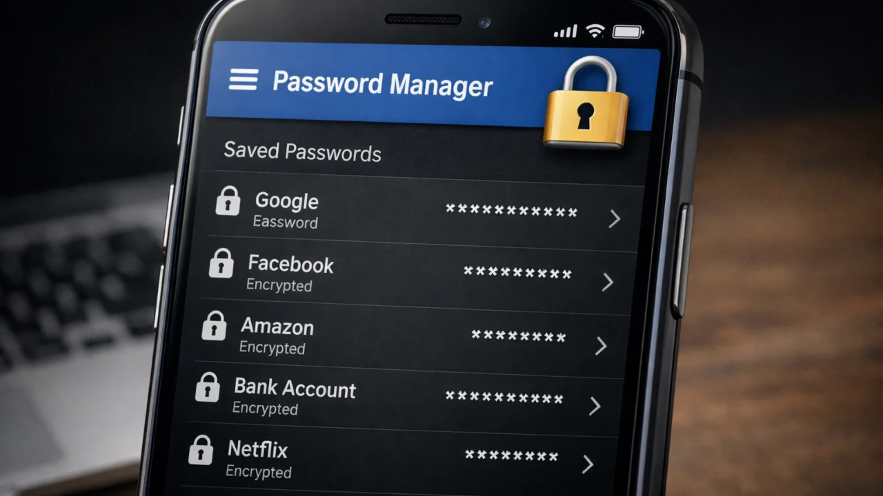 Aplikacija za password manager na pametnom telefonu s enkriptiranim lozinkama i sigurnosnim ikonama