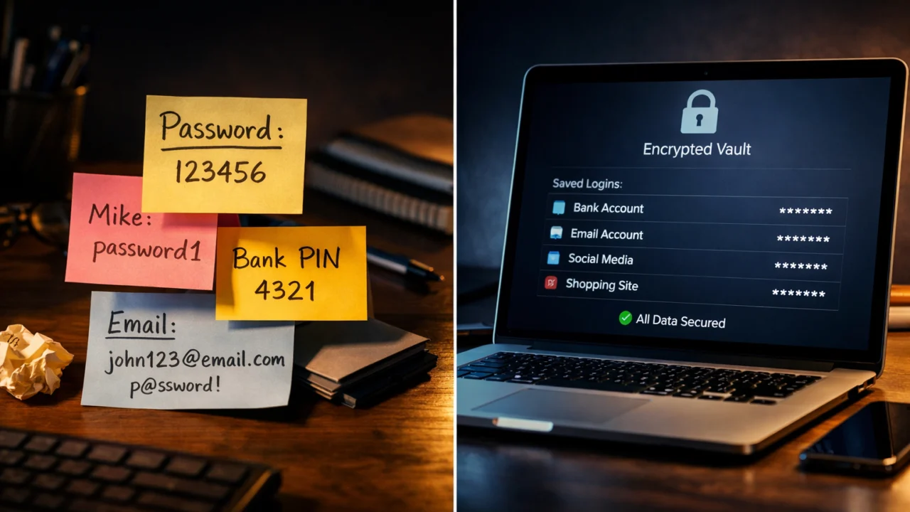 Usporedba neugodnog zapisivanja lozinki i sigurnog korištenja password manager aplikacije