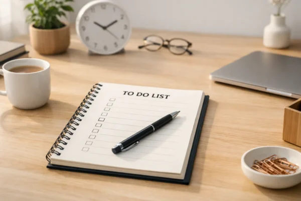Uredan radni stol s to do listom koja simbolizira miran i svjestan pristup produktivnosti bez stresa