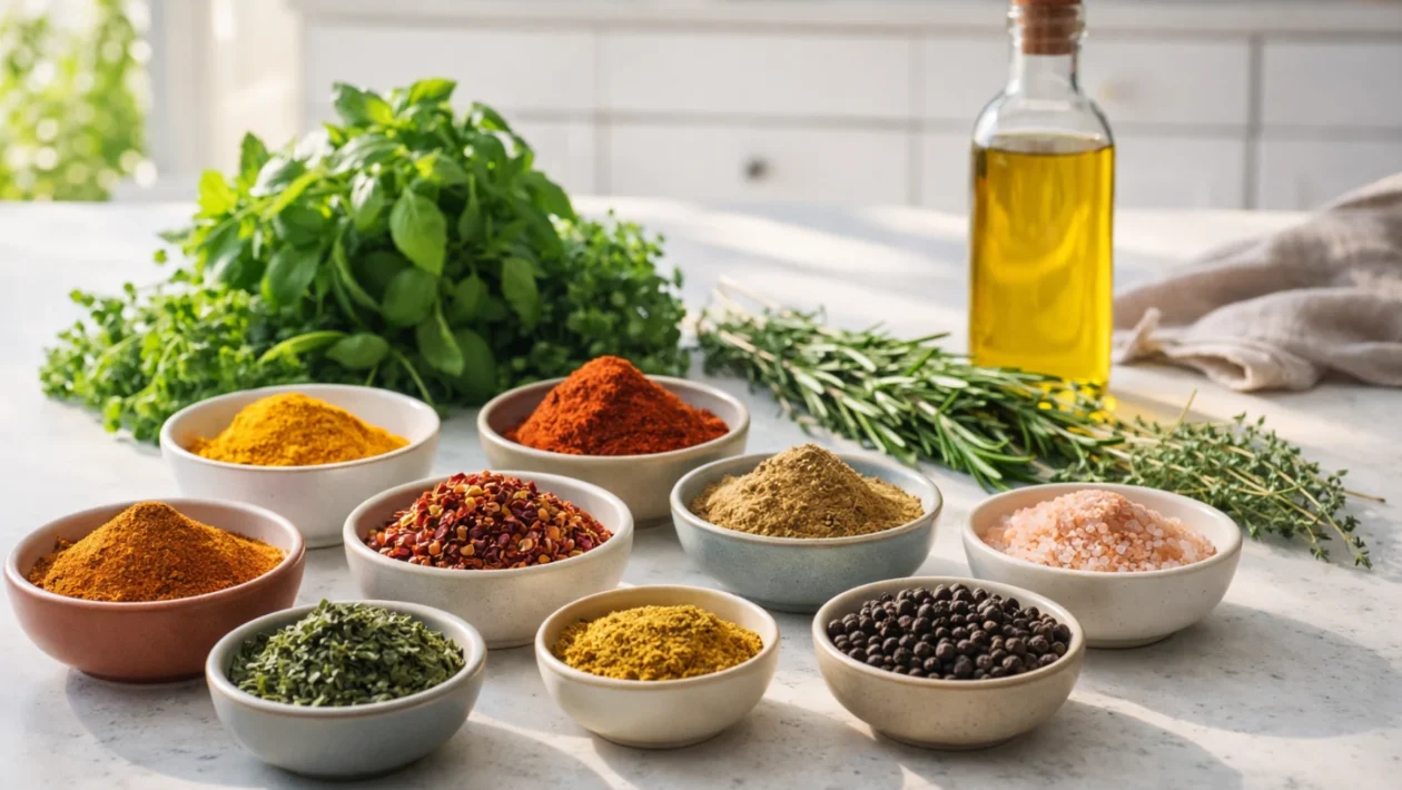 Razni začini i svježe bilje na kuhinjskom pultu koji simboliziraju osnove korištenja začina u kuhanju