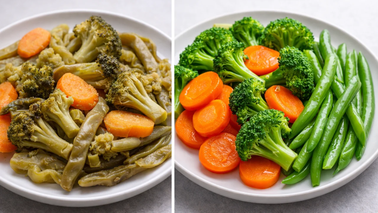 Usporedba prekuhanog i pravilno kuhanog povrća naglašava važnost vremena i temperature kuhanja