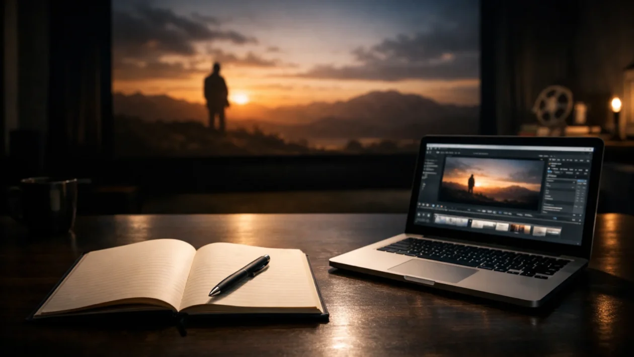 Radni prostor filmskog kritičara s ekranom filma, bilježnicom i laptopom, ilustracija procesa pisanja filmske recenzije