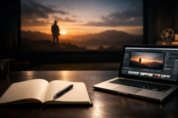 Radni prostor filmskog kritičara s ekranom filma, bilježnicom i laptopom, ilustracija procesa pisanja filmske recenzije