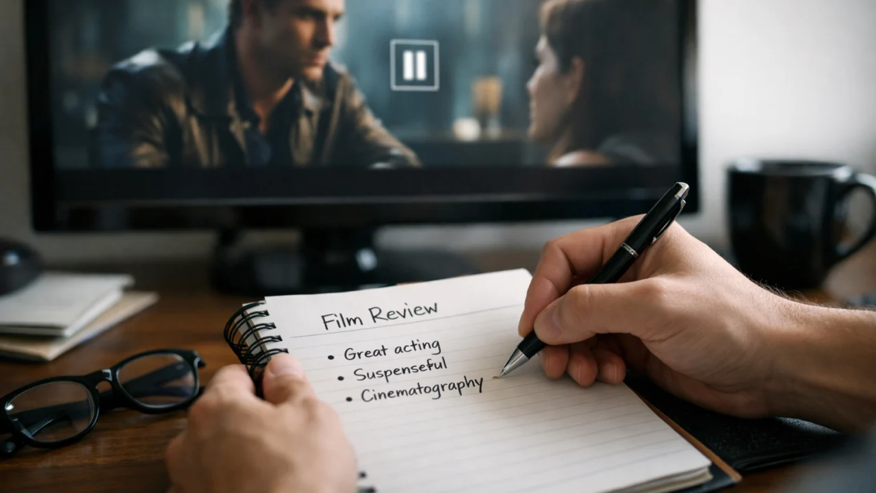 Pisanje bilješki za filmsku recenziju tijekom gledanja filma, fokus na analizu dojma i detalja
