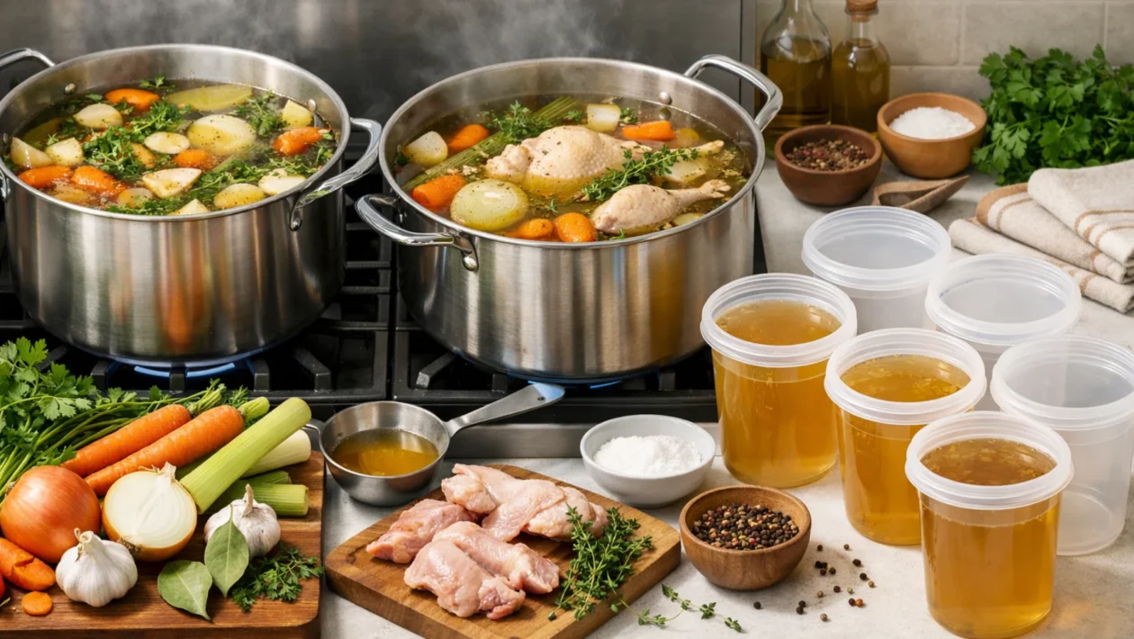 Domaći temeljac od povrća i piletine u kuhinji, priprema i zamrzavanje u staklenkama i posudama