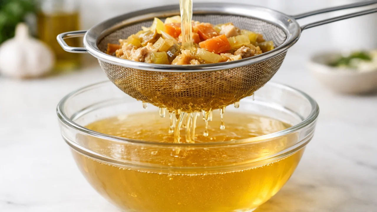 Procjeđivanje domaćeg temeljca nakon kuhanja za čistu i bistru tekućinu