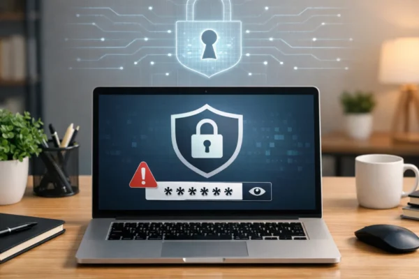 Radni stol s laptopom i simbolima sigurnosti koji ilustriraju važnost jake i sigurne lozinke u digitalnom svijetu