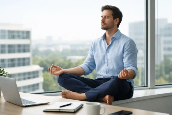 Radnik u modernom uredu uz prozor koristi svjesnu pauzu za obnovu energije tijekom radnog dana
