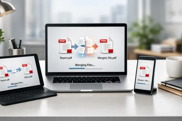 Radno okruženje s laptopom i PDF dokumentima koji simboliziraju izradu i spajanje PDF datoteka