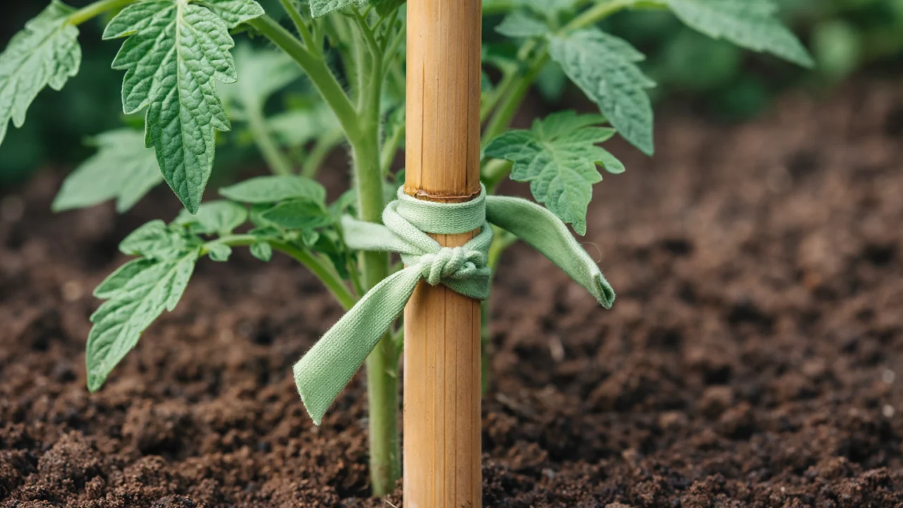 Rajčica pravilno vezana uz bambusov kolac mekom trakom za stabilnost i zdrav rast