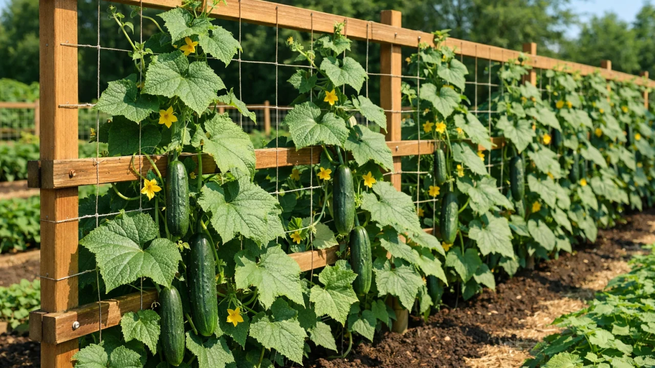 Krastavci koji se penju po drvenoj rešetki kao učinkovita potpora biljkama u povrtnjaku