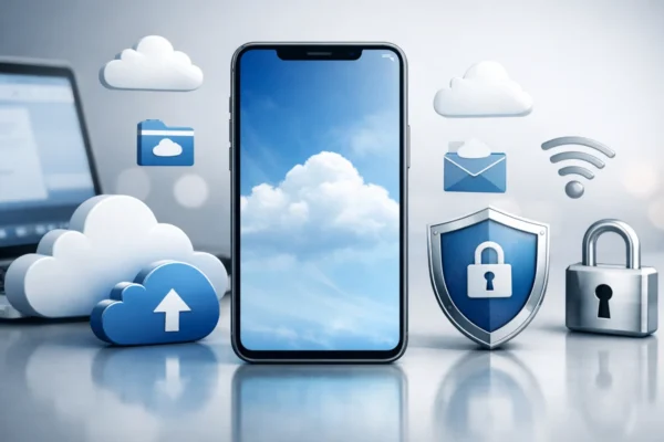 Pametni telefon s cloud i računalom koji simbolizira sigurnosnu kopiju mobitela i zaštitu osobnih podataka