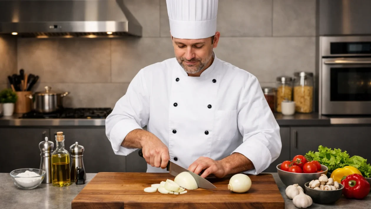 Profesionalno rezanje luka u modernoj kuhinji bez suza i nereda, široki kadar koji prikazuje cijeli proces