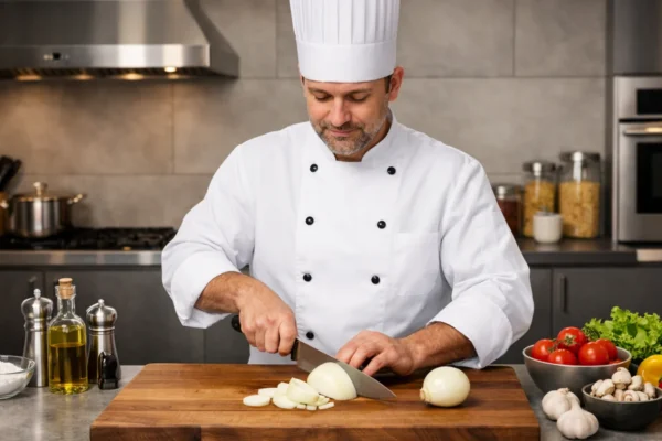 Profesionalno rezanje luka u modernoj kuhinji bez suza i nereda, široki kadar koji prikazuje cijeli proces