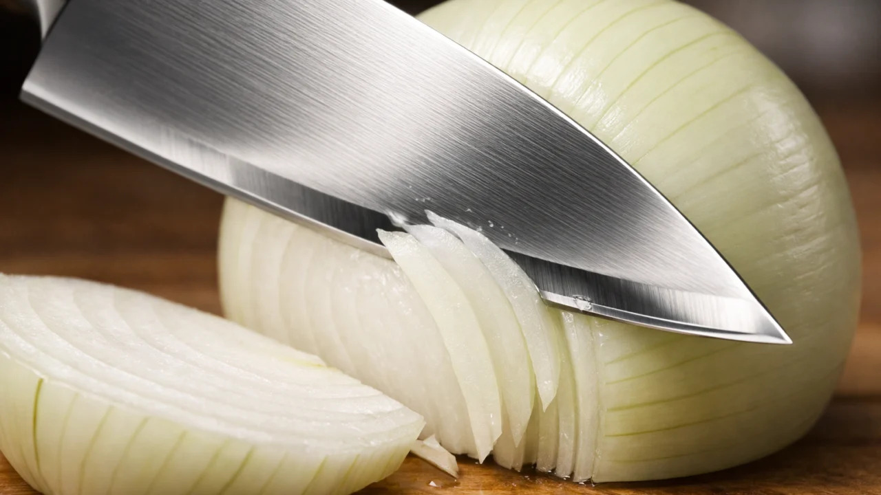 Oštar kuhinjski nož koji pravilno reže luk smanjujući suze i oslobađanje iritantnih spojeva