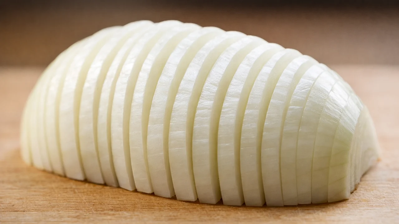 Ravnomjerno narezani komadi luka koji ostaju na dasci bez klizanja i nereda