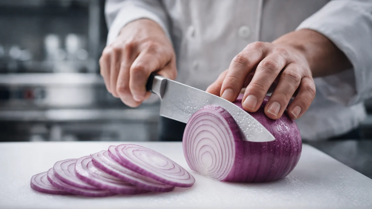 Rezanje lagano ohlađenog luka u profesionalnoj kuhinji kao metoda za smanjenje suza