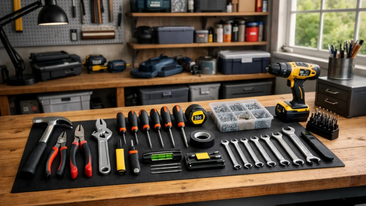 Osnovni alatni set za kuću na radnoj klupi u modernom kućnom okruženju