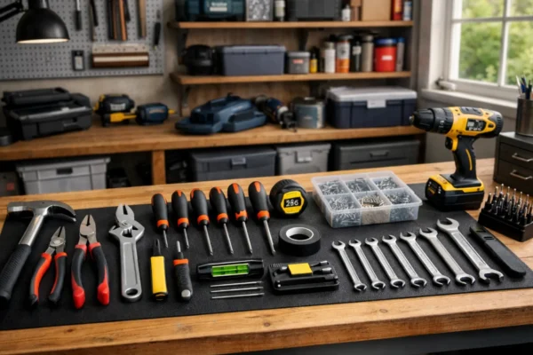 Osnovni alatni set za kuću na radnoj klupi u modernom kućnom okruženju