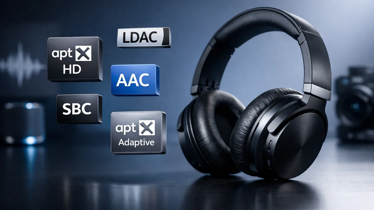 Ilustracija Bluetooth kodeka SBC, AAC i aptX uz bežične slušalice za objašnjenje kvalitete prijenosa zvuka