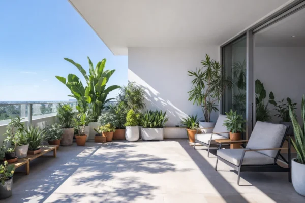 Moderan balkon s različitim biljkama prilagođenima suncu, sjeni i vjetru, ilustracija pravilnog odabira biljaka