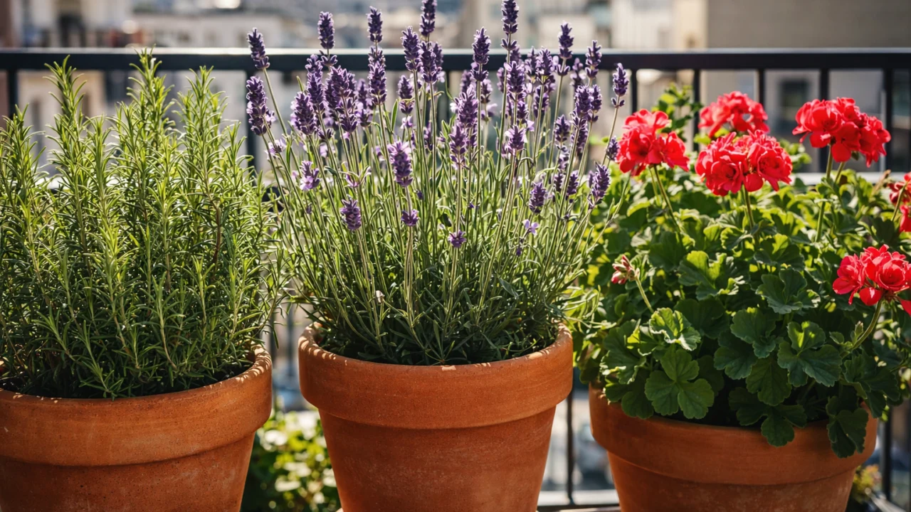 Biljke za sunčani balkon poput lavande, ružmarina i pelargonija u posudama na jakom suncu