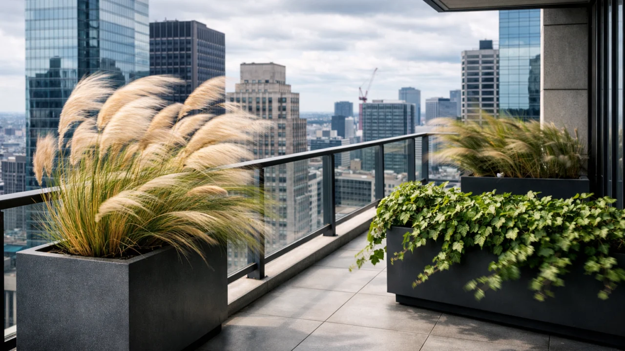 Otporne biljke za vjetrovit balkon, ukrasne trave i bršljan u čvrstim posudama