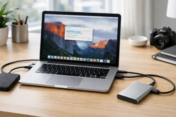 Eksterni HDD i SSD diskovi povezani s laptopom na modernom radnom stolu, ilustracija odabira eksternog diska