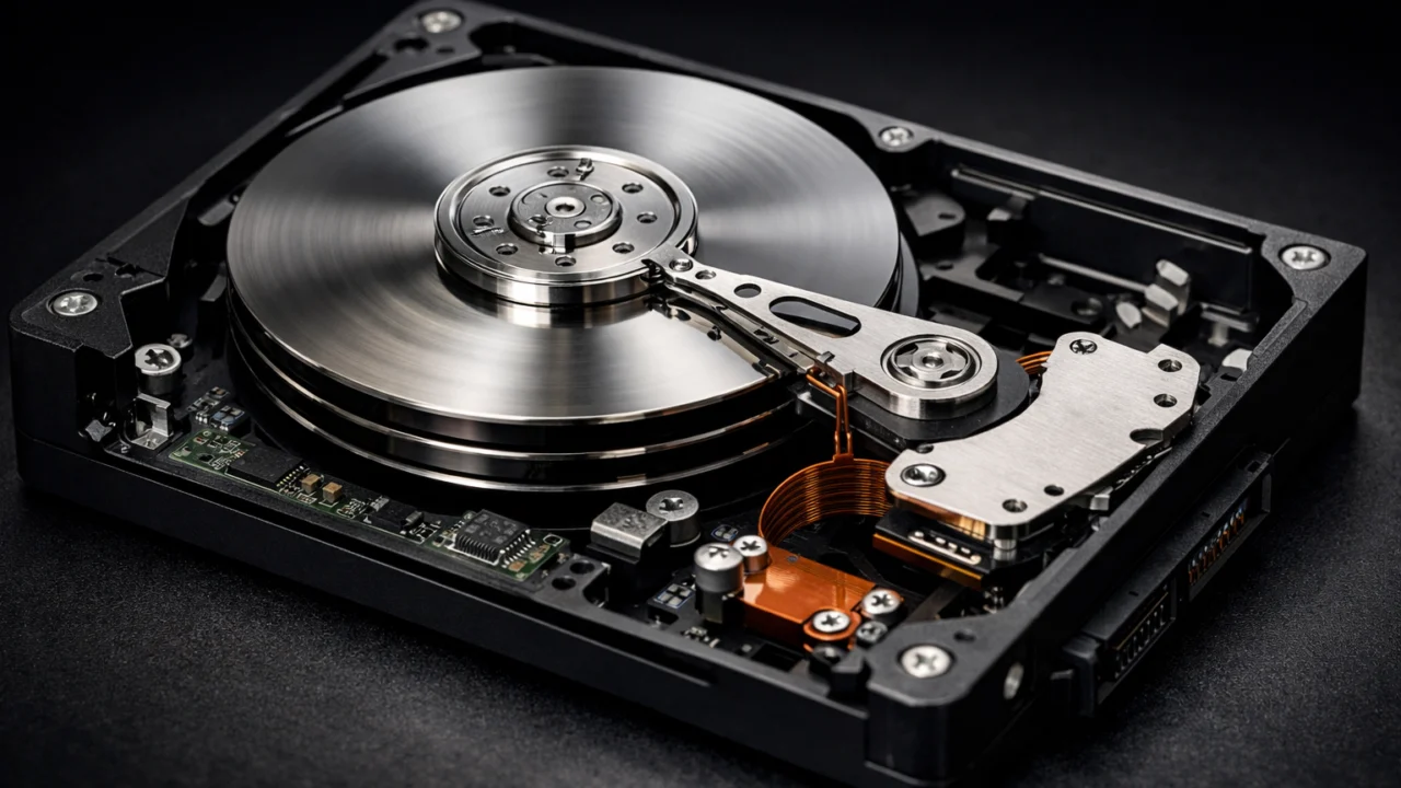 Prikaz unutrašnjosti eksternog HDD diska s rotirajućim pločama i mehaničkim komponentama