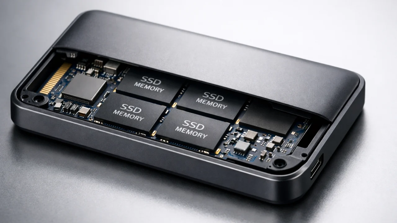 Unutrašnjost eksternog SSD diska s memorijskim čipovima bez pokretnih dijelova