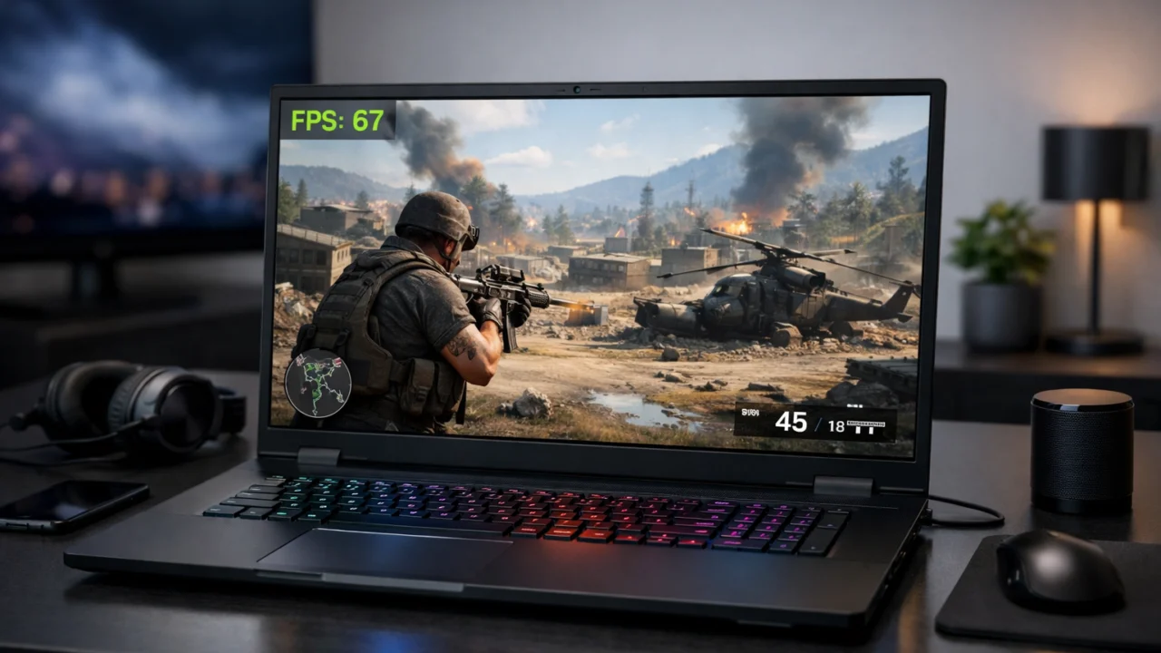 Gaming laptop srednje klase u igranju popularne igre na srednjim postavkama s prikazom performansi