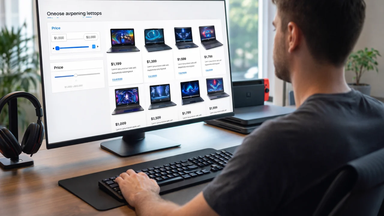Kupac uspoređuje gaming laptope prema cijeni i specifikacijama prilikom odabira najboljeg modela