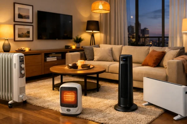 Različite vrste grijalica u modernom stanu koje ilustriraju odabir grijalice za sigurnost i potrošnju energije