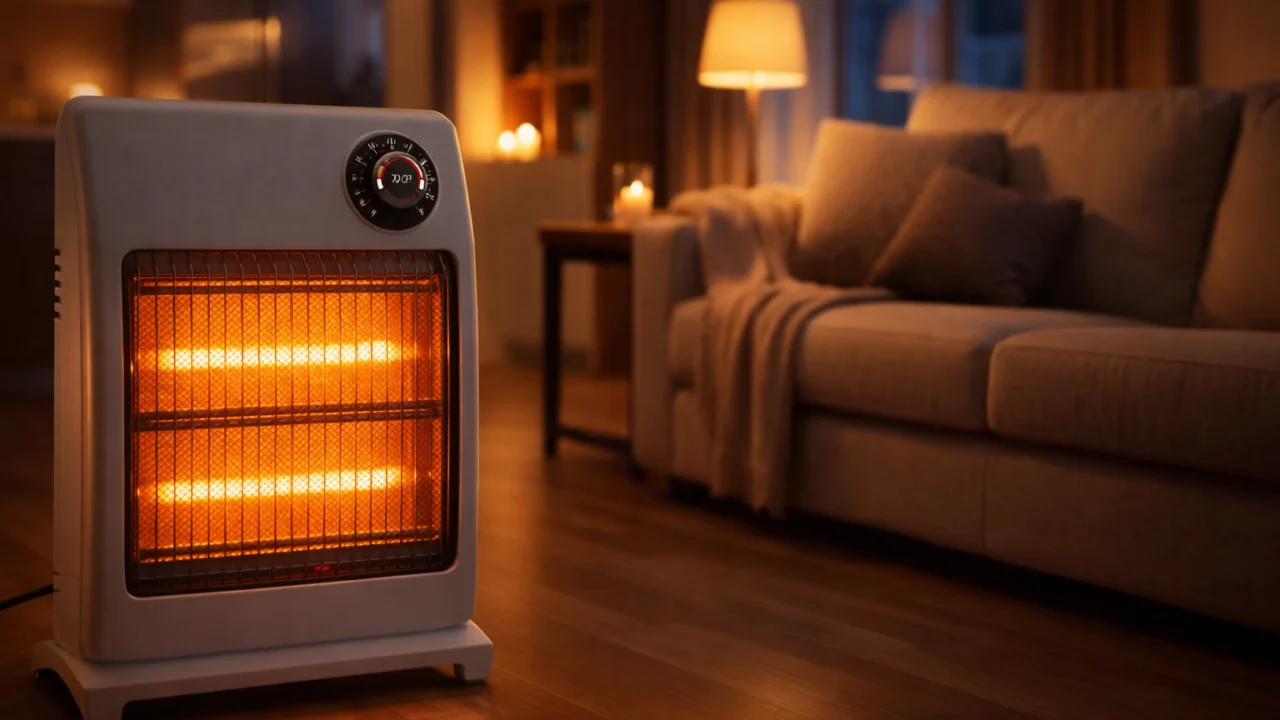 Grijalica u radu tijekom večeri u stanu s termostatom koji utječe na potrošnju električne energije