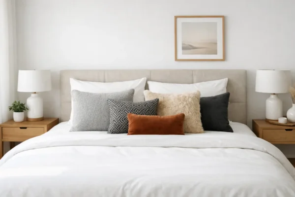 Različite vrste jastuka na modernom krevetu koji ilustriraju važnost pravilnog odabira jastuka za kvalitetan san