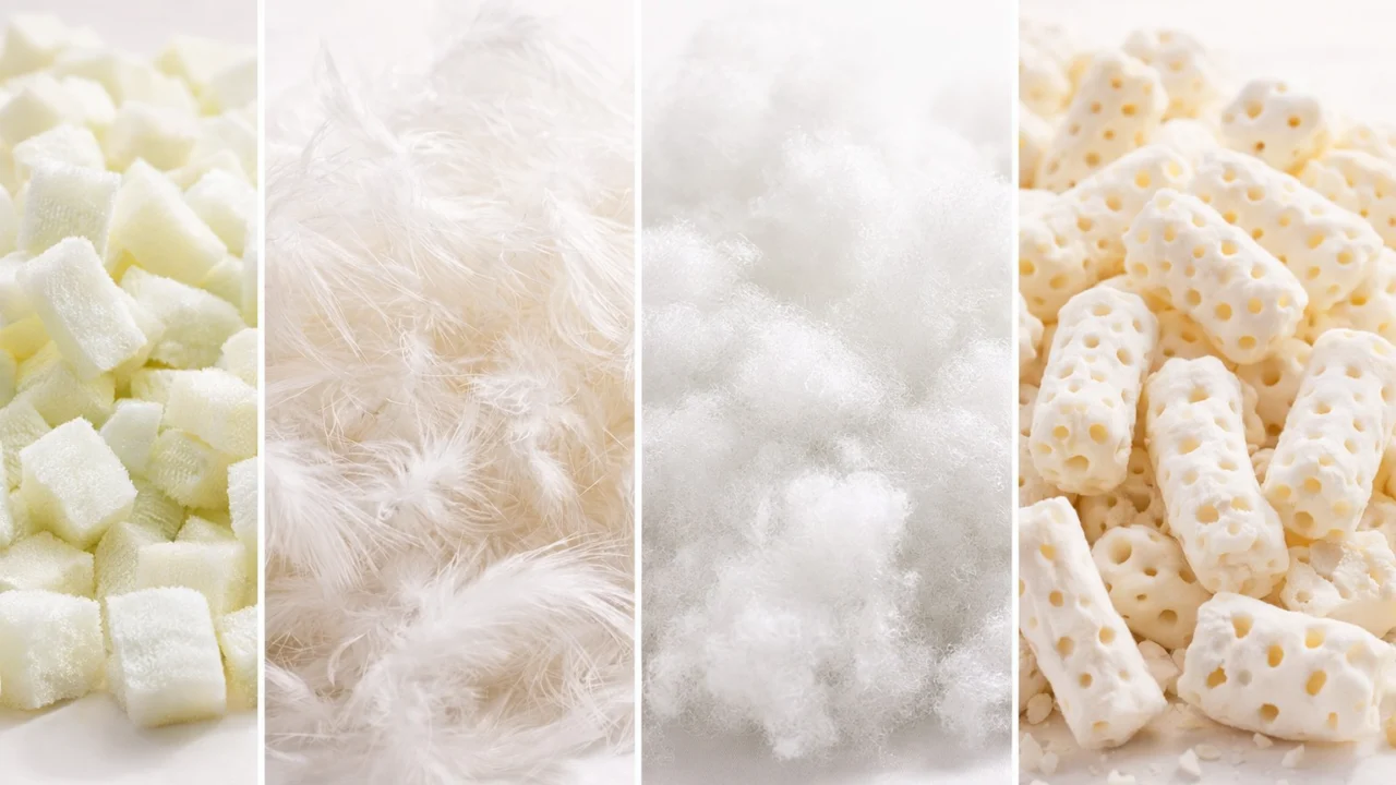 Različita punjenja jastuka poput memorijske pjene, perja, sintetičkih vlakana i lateksa u detaljnom prikazu