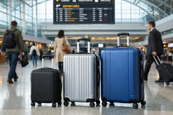 Različite veličine kofera u modernoj zračnoj luci koje prikazuju kako odabrati pravi kofer za putovanje avionom