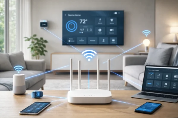 Kućni WiFi ruter u modernom dnevnom boravku povezuje više uređaja u kućanstvu i osigurava stabilnu bežičnu mrežu