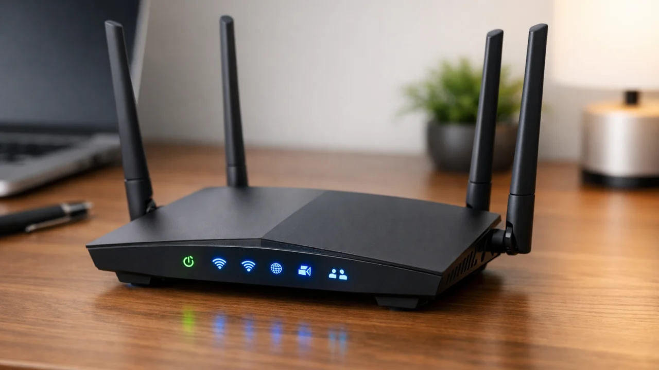 Moderan kućni WiFi ruter s vidljivim antenama i LED indikatorima na radnom stolu u kućnom uredu