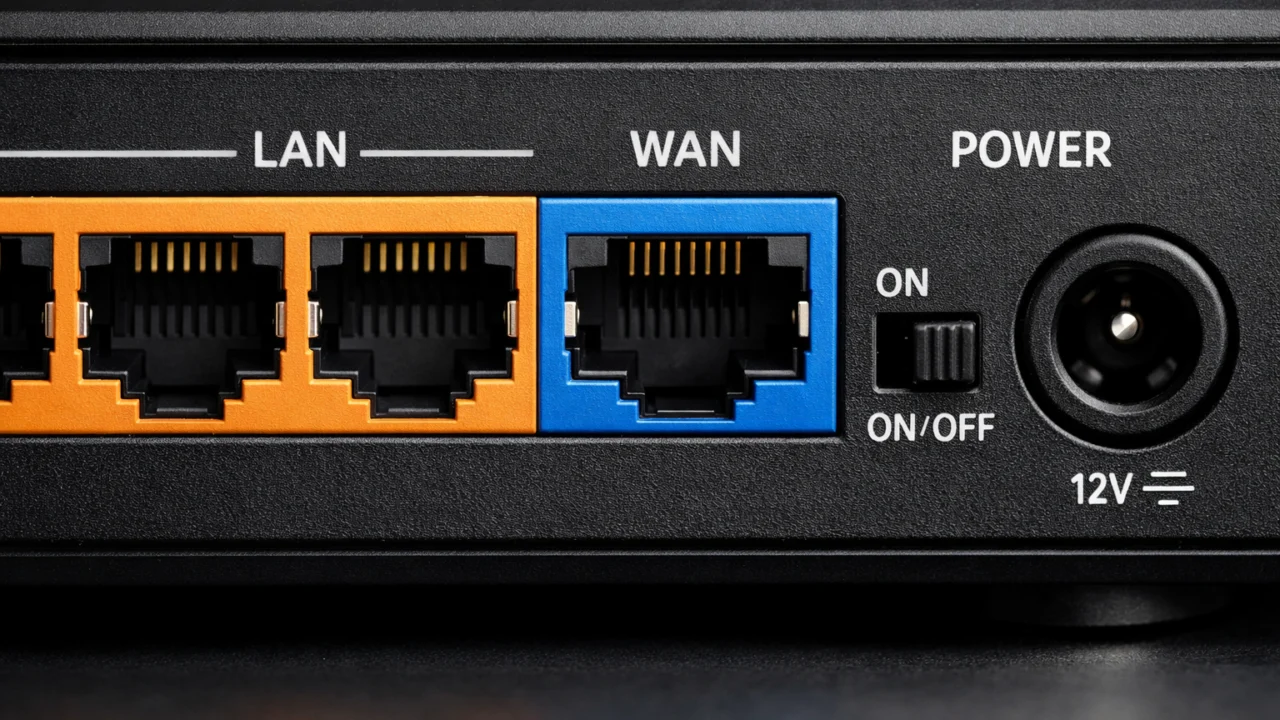Detalj stražnje strane WiFi rutera s Ethernet i WAN priključcima za kućnu mrežu