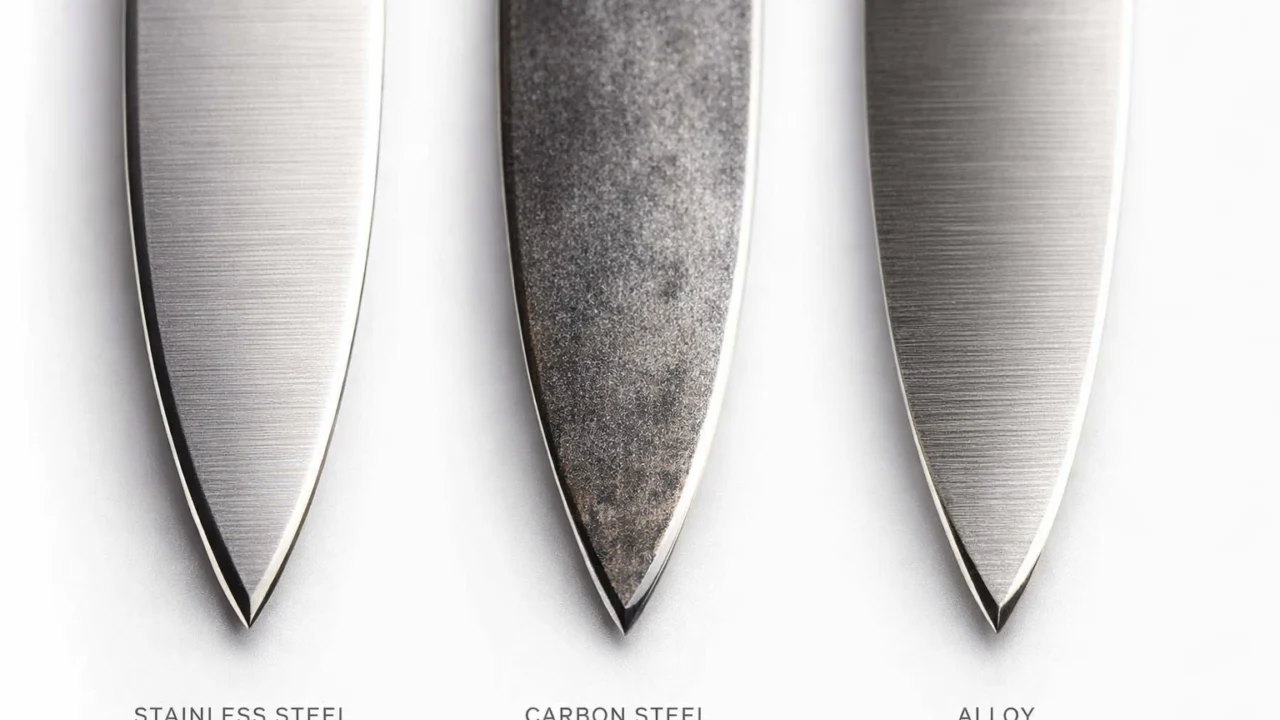 Usporedba nehrđajućeg, ugljičnog i legiranog čelika kuhinjskih noževa na oštricama u krupnom planu