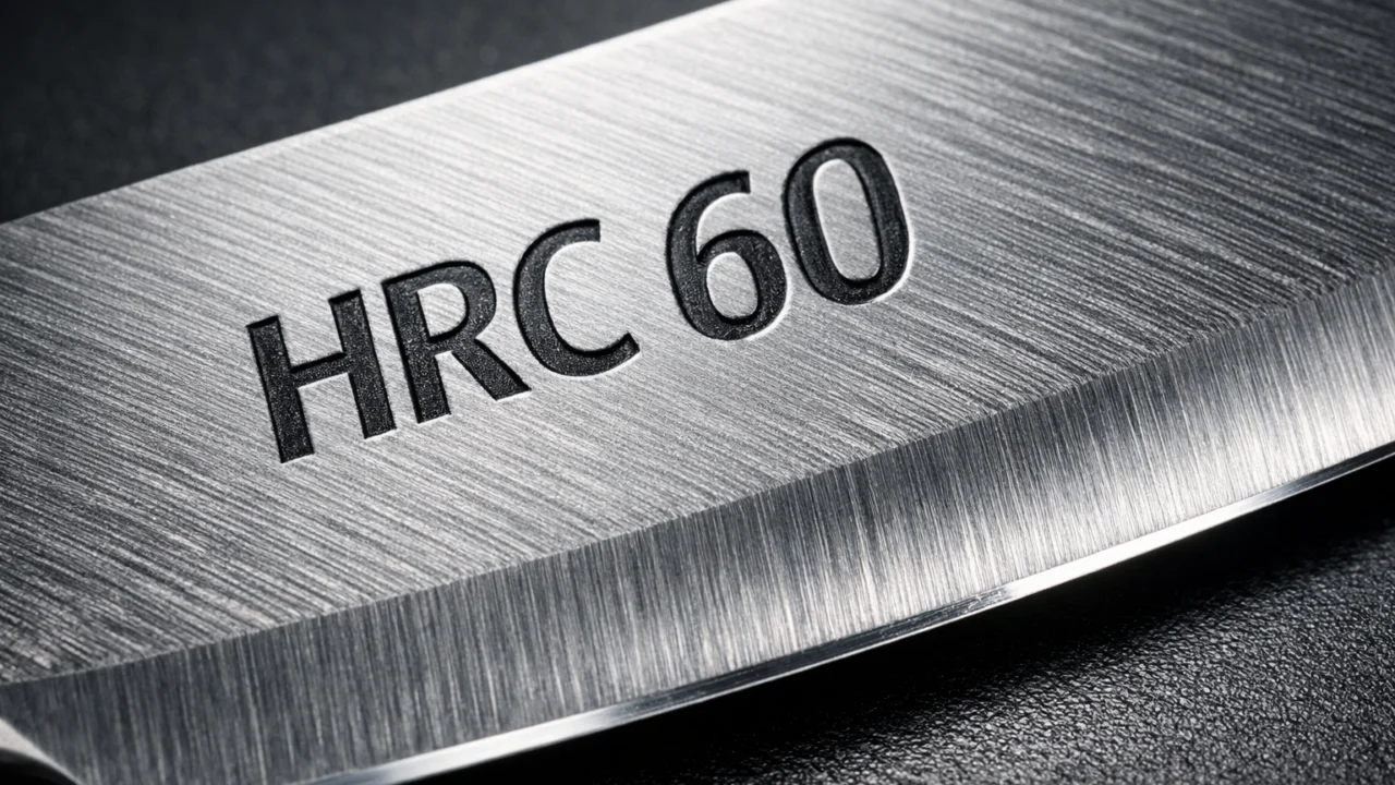 Detalj oštrice kuhinjskog noža s oznakom HRC tvrdoće i strukturom čelika