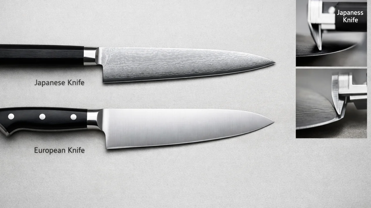 Japanski i europski kuhinjski nož položeni jedan do drugog, razlike u oštrici i dizajnu