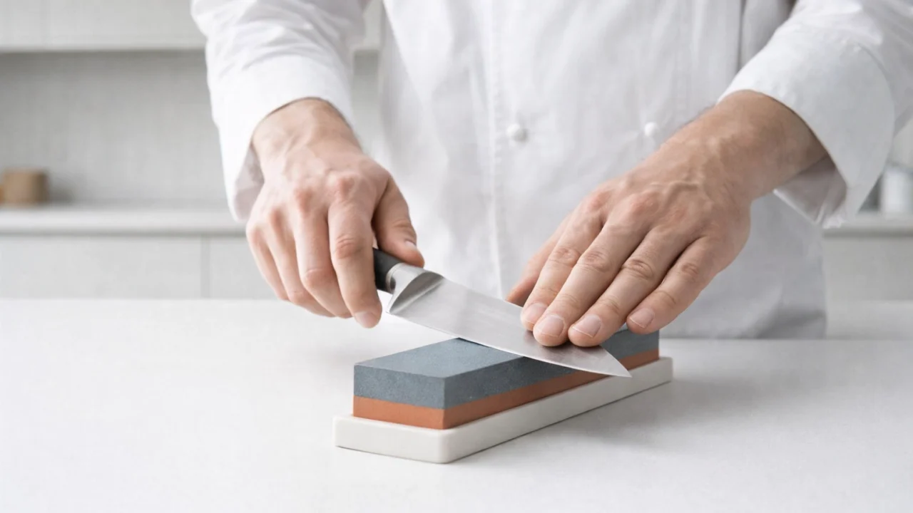 Pravilno oštrenje kuhinjskog noža na brusnom kamenu kao dio redovitog održavanja