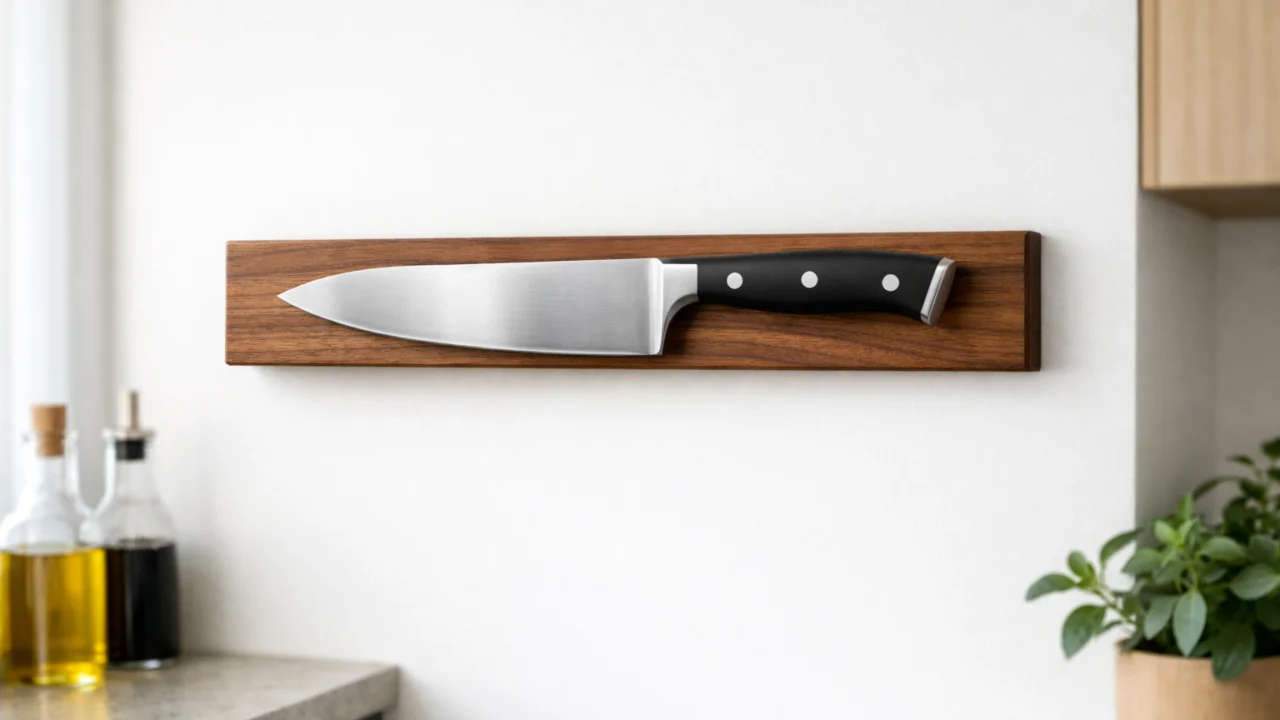 Sigurno i pravilno spremanje kuhinjskih noževa na magnetskom drvenom nosaču