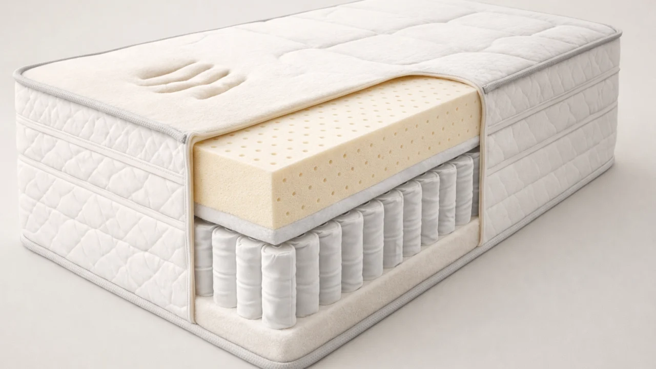 Presjek madraca s pjenom, lateksom i oprugama koji objašnjava različite materijale madraca